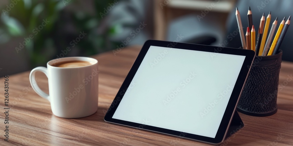 Poster a person using a tablet computer alongside a cup of coffee, perfect for work or study