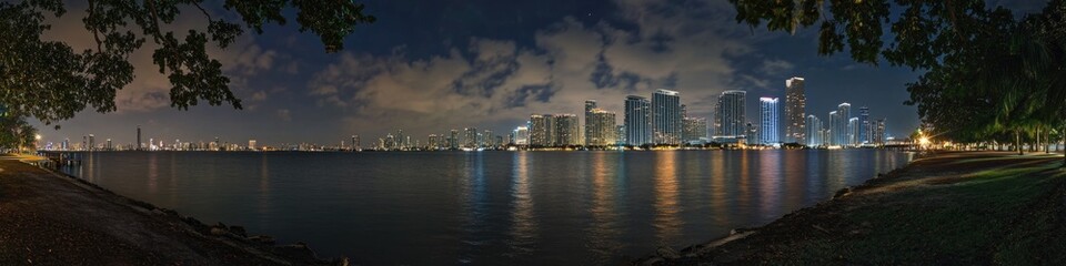 Obraz premium A nighttime view of a city's skyline from the water, ideal for use in travel or urban planning images