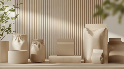 Natural packaging displayed on a minimalist shelf in a bright indoor space during daylight hours