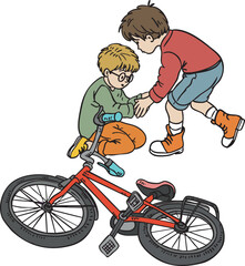Vector Illustration of a Kind Boy Helping His Friend After a Bicycle Accident - Isolated Concept of Empathy and Friendship