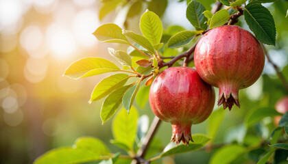 Fresh pomegranates glistening in morning light, Mediterranean garden