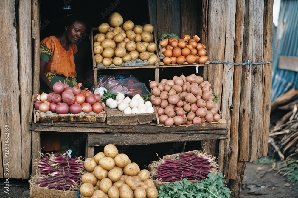 Poster a woman stands in front of a store filled with fresh vegetables, ideal for use in food or editorial 