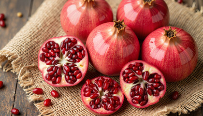Fototapeta premium Pomegranate fruits displayed on burlap in rustic harvest setting, abundance