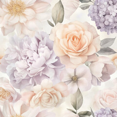 Fototapeta premium A dreamy, watercolor floral illustration featuring soft, flowing roses, peonies, and hydrangeas in pale, ethereal colors of blush, peach, and light lavender. The design creates a serene, romantic