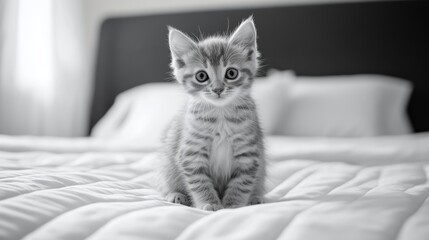 A Playful Kitten on a Cozy Bed Gazing Curiously