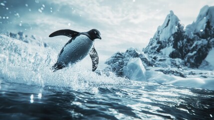 Obraz premium Penguin diving into icy waters