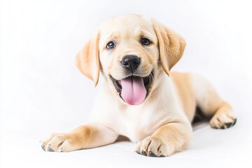 A dog lying down with its tongue hanging out, perfect for illustrating relaxation or calmness