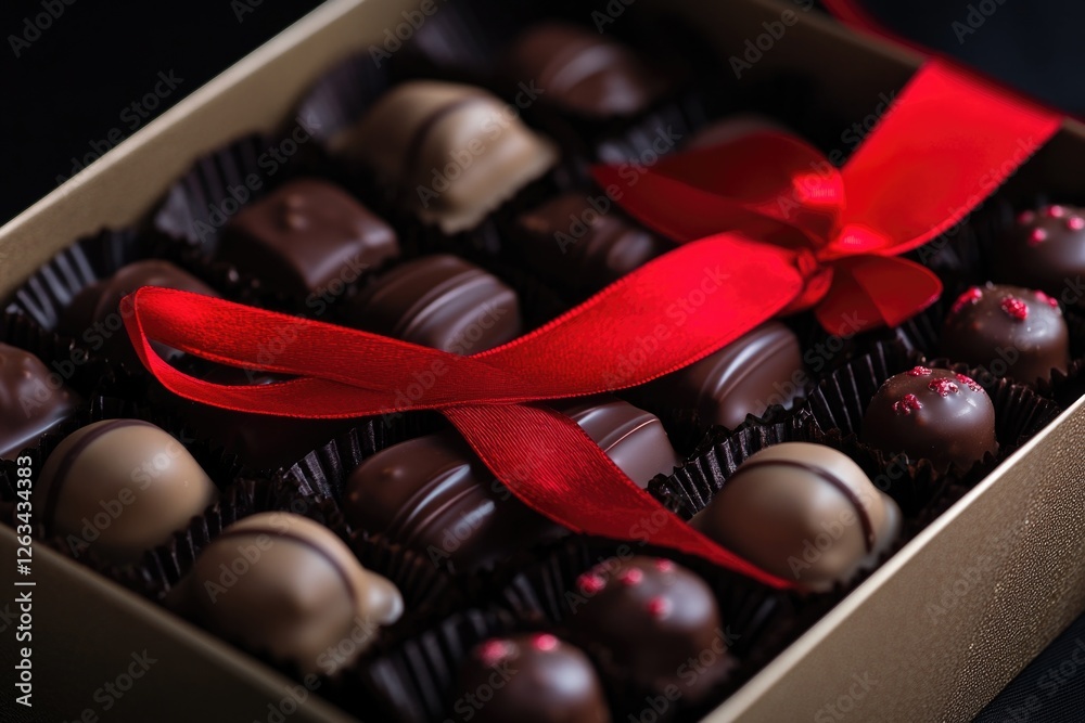 Poster a box of chocolates tied with a red ribbon, ideal for gift wrapping or as a decorative item