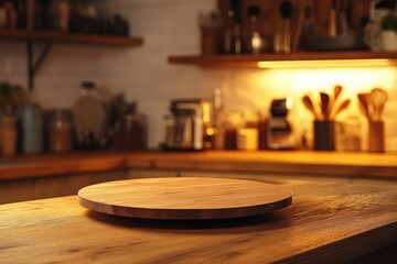 Obraz premium A wooden cutting board placed on top of a wooden counter, ready for use in the kitchen