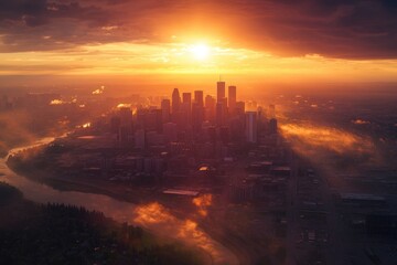 Sunset scene of a city with a river flowing through, ideal for travel or urban themed projects