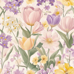 A peaceful floral illustration with light, pastel flowers like tulips, violets, and daisies. The soft hues of pink, yellow, and purple create a serene, spring-inspired look.
