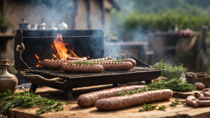 Grilled Sausages Rustic, Warm Hues, Outdoor Barbecue
