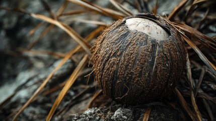 This close-up shows a coconut resting on a palm tree with its textured shell visible amidst the green fronds. The tropical environment enhances its natural beauty and uniqueness.