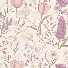 A delicate floral illustration with hand-drawn blossoms like tulips, daisies, and lilacs in soft shades of pink, cream, and lavender. The design feels elegant, sophisticated, and feminine.
