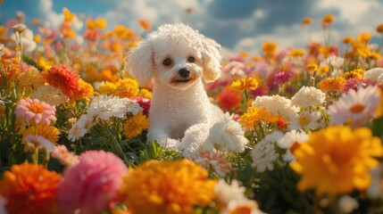 Poodle Playing in a Garden with Colorful Flowers