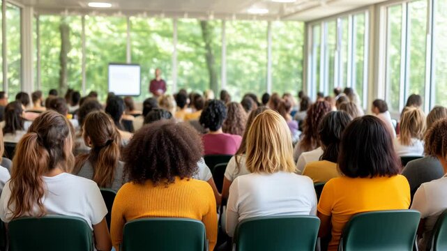 A large group of women seen from the back sitting in a conference room, listening to a lecture in a bright room with large windows through which leafy trees can be seen