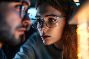 A pair of people sitting together, focusing on the content displayed on their computer monitor