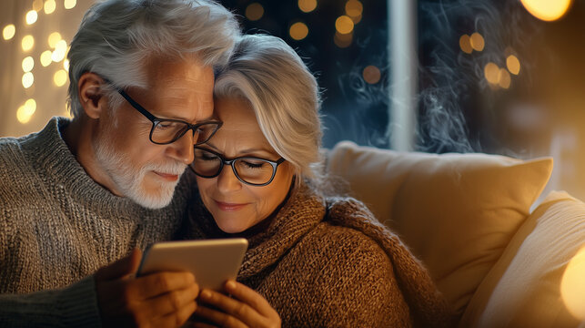 Cozy Living Room with Mature Couple Engaged with Tablet