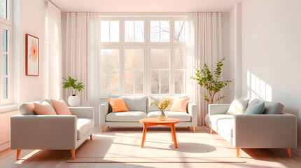Living room with a large window and white curtains, in a spring style and daytime lighting, generated image