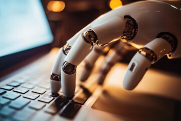 A robotic hand sits atop a laptop keyboard, ready for use