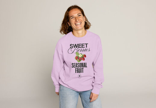 Bright and Cheerful Redhead Woman in Cozy Sweater. PSD mockup ready to insert your design and change the color