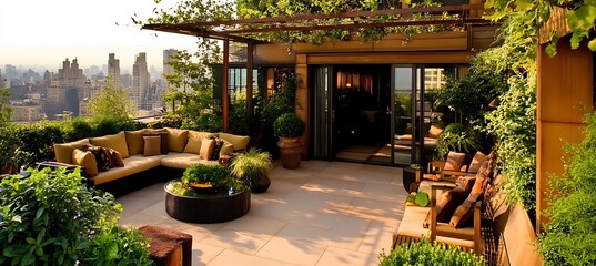 Obraz premium A luxurious rooftop garden with modern furniture, lush greenery, and city views