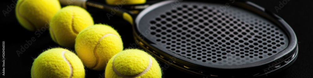 Poster collection of tennis balls and a racket on a surface, ready for play