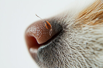 Flea on dog's nose in macro with detailed fur texture