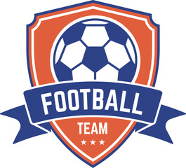 Football team logo featuring a dynamic ball and an elegant ribbon banner on a shield, adorned with three stars, perfect for enhancing sports branding and team identity