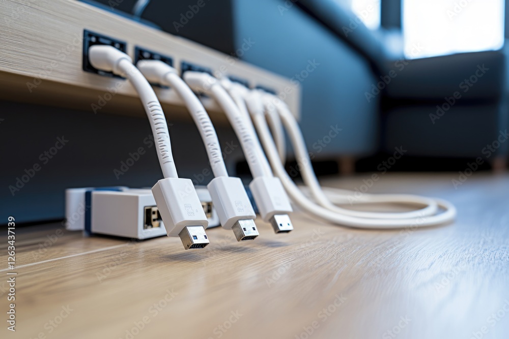 Poster a close-up view of multiple computer cords connected to a device