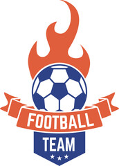 Obraz premium Football team logo displaying a burning soccer ball alongside an orange ribbon featuring the text football team set against a clean white background, radiating energy and passion