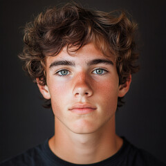 Fototapeta premium Portrait photo of a teenage boy with curly hair