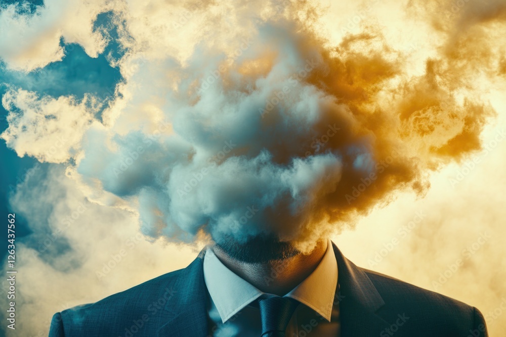 Poster a man in a suit with a mysterious cloud of smoke emanating from his head, perfect for representing a