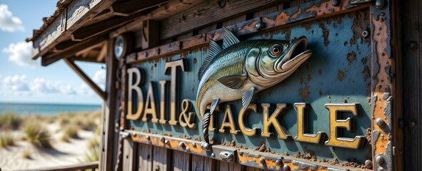 A wooden sign for a Bait and Tackle shop features a fish sculpture on a metal background. Sandy dunes and sparse vegetation lead to an ocean view.