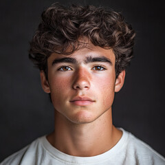 Fototapeta premium Portrait photo of a teenage boy with curly hair