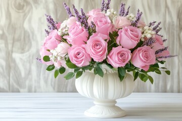 Obraz premium Elegant floral arrangement featuring pink roses, lavender, and babys breath in a vintage vase perfect for romantic spring decor and special occasions
