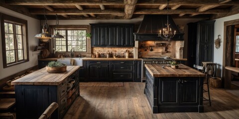 Rustic Farmhouse Kitchen With Dark Cabinets And Wood Island