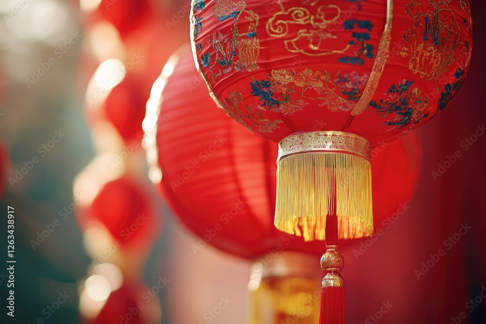 Poster a collection of red lanterns suspended from the ceiling, creating a warm and cozy ambiance