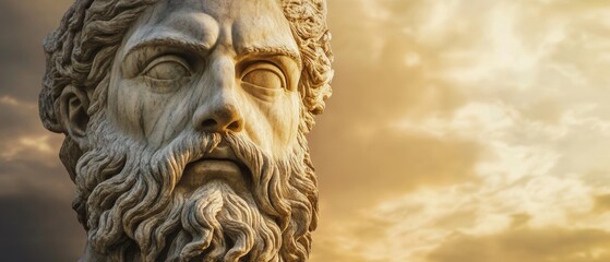 Obraz premium Ancient Greek Titan: Majestic Stone Sculpture Against Dramatic Sky