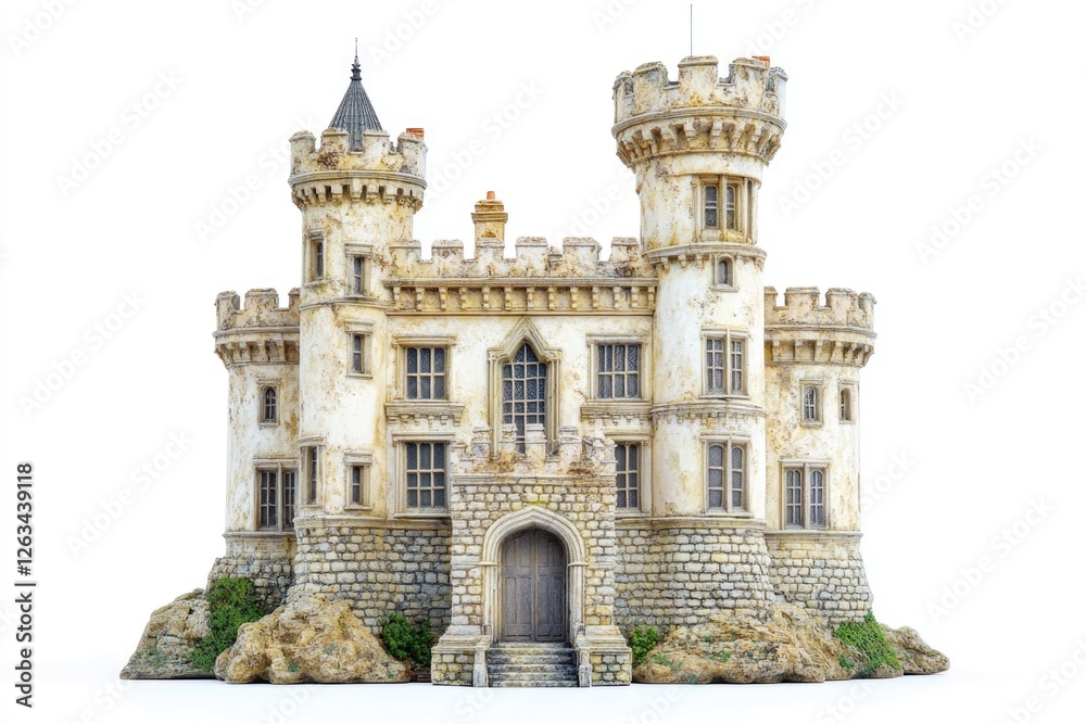 Poster a castle-like building with a clock tower, suitable for architectural or cityscape images