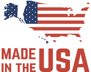 American flag colors filling the map of the United States with the writing made in the USA below, promoting american products and national pride