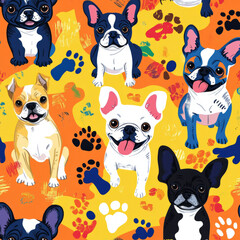 A fun, graphic illustration with different dog breeds like bulldogs, chihuahuas, and poodles surrounded by dog bones and paw prints. The bright colors and bold shapes create a cheerful and