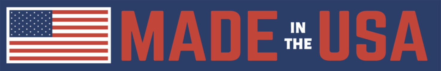 American flag and made in USA label are displayed on a blue background, representing American patriotism and products manufactured domestically