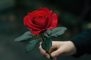 A person holds a bright red rose in their hand