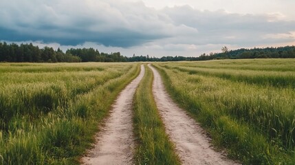Country road through green field, storm clouds