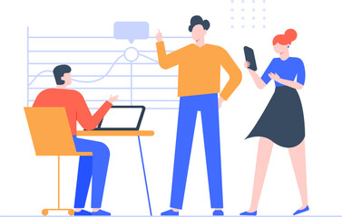 Coworking business team discussing a project in front of a graph, using laptop and tablet, analyzing financial strategy, brainstorming new ideas, working together in coworking space