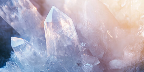 Raw quartz crystal background featuring translucent textures, refracted light, and natural geometric formations, evoking purity and energy.