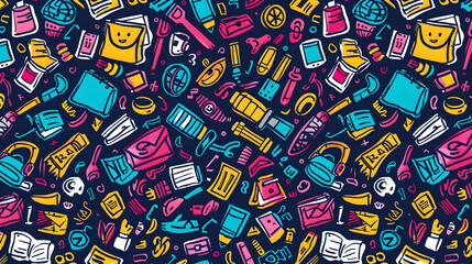 Naklejka premium Colorful pattern of various school and office supplies with playful doodles on a dark background