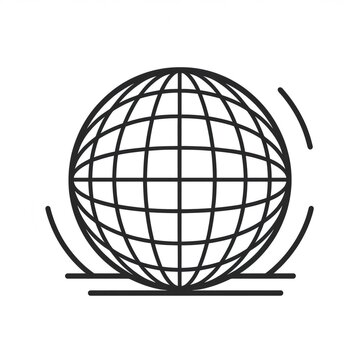 Black and white  icon of a spinning globe with latitude and longitude lines on a white background