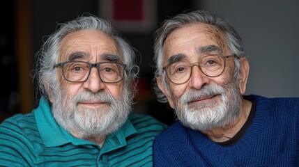 Two senior men, smiling, indoor portrait. Possible use stock photo for aging, family, or community themes